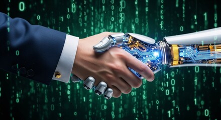 A handshake between a human and a robot hand against a background of binary code falling down