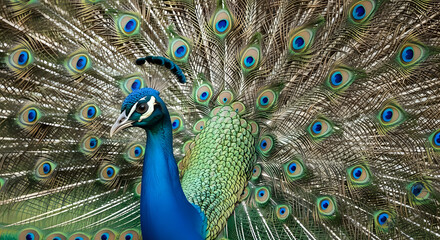 Obraz premium Close up of a peacock displaying its vibrant plumage with iridescent eye spotted feathers spread wide open