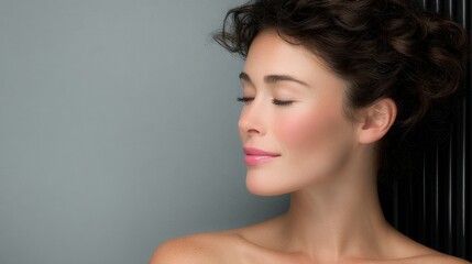 Fototapeta premium Young woman with eyes closed soft makeup and pink lipstick serene expression on gray background