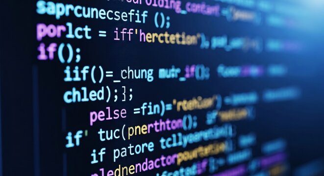 Close up of a computer screen displaying lines of colorful code with syntax highlighting