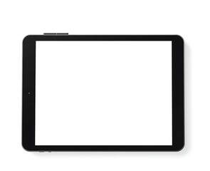 A modern black tablet computer with a blank white screen, isolated on a white background. Digital device mockup for presentation.