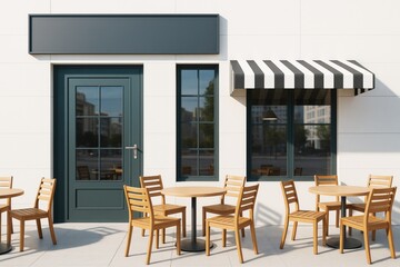 Outdoor café seating with wooden chairs and tables in front of modern building with blank signage and striped awning on bright clean background.