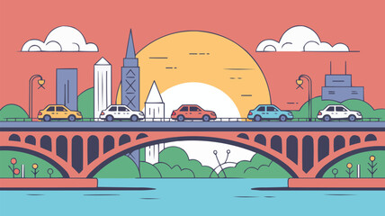 Cars Crossing a Bridge with City Skyline and Sunset