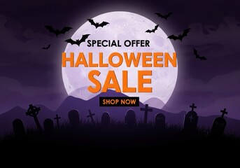 Halloween sale banner with full moon and bats over graveyard special offer shop now