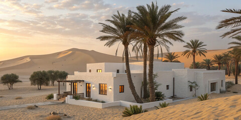Minimalist desert resort with white stucco walls, palm trees, and golden sand dunes, warm sunset, modern architecture style.
