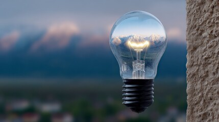 Glowing light bulb reflecting majestic mountains and serene landscape reflection