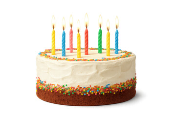 Delicious birthday cake with burning candles on transparent background