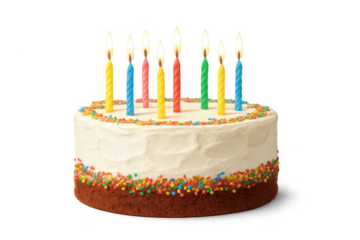 Delicious birthday cake with burning candles on transparent background