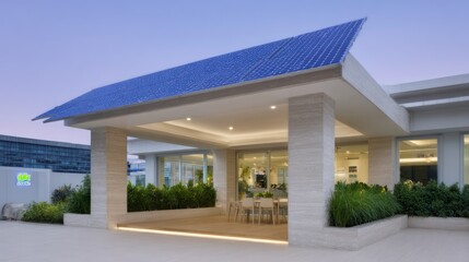 Modern building entrance with solar panels on roof and outdoor dining area