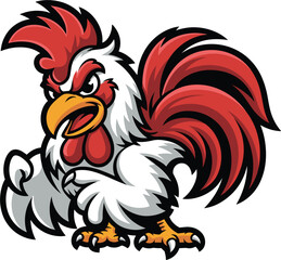 Aggressive cartoon rooster mascot, colorful farm animal illustration, bold red comb and tail feathers, vector design for sports logo, branding









Ask ChatGPT