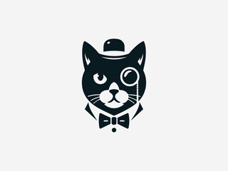 Distinguished cat gentleman with monocle and bowtie vector logo in vintage elegant style