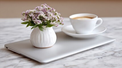 A white vase with small purple and white flowers sits on a closed laptop next to a coffee cup on a marble surface