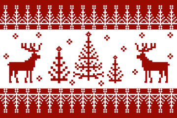Christmas and New Year seamless pattern. snowflakes reindeer and Christmas tree on pixel pattern for winter hat,jumper,sweater, wrapping,fabric,border,rim,carpets, blankets, towels.  © BigSaturn 