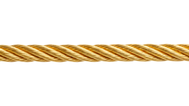 A close-up, twisted golden rope, isolated on a white background, highlighting its texture and strength