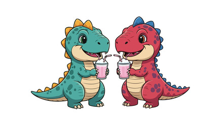 Naklejka premium adorable dinosaur duo enjoying milkshakes perfect for kids products
