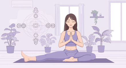 Serene woman practicing mindful meditation at home surrounded by plants and spiritual art