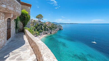 Fototapeta premium Stunning coastline view with crystal clear water and serene atmosphere. rocky path leads to