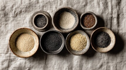 Various Spices and Seeds in Rustic Bowls on Natural Fabric Background