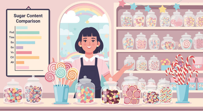 Illustrative Candy Shop Scene with Sugar Content Comparison and Smiling Woman