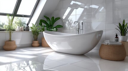 Fototapeta premium Modern, bright bathroom with plants and a soaking tub