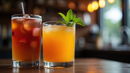 Two refreshing iced drinks on a bar top.