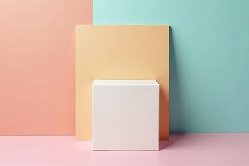 Minimalist white cube display on pastel colored background.