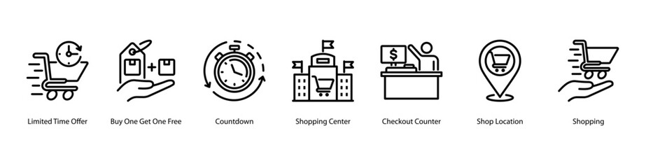 Urgent Retail Campaigns web banner icon vector illustration featuring Limited Time Offer, Buy One Get One Free, Countdown, Shopping Center, Checkout Counter, Shop Location, and Shopping.