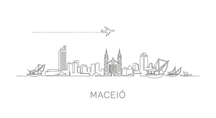 Obraz premium Maceio with Brazil Skyline Line Art Airplane.