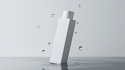 A sleek white skincare serum package floating horizontally in mid-air, with a few drops of transparent cream oil scattered around it