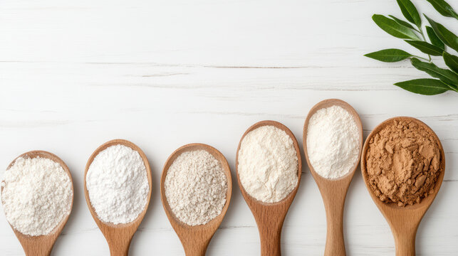 Measuring ingredients precisely with wooden spoons showcases various flours and spices