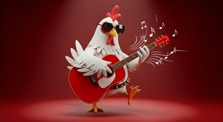 Funny Chicken Playing Guitar Wearing Sunglasses | 3D Rendered Cartoon Animal Rock Star for Music Promotion and Entertainment