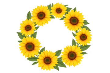Sunflower wreath creating a vibrant circular frame on transparent background