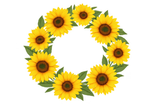 Sunflower wreath creating a vibrant circular frame on transparent background