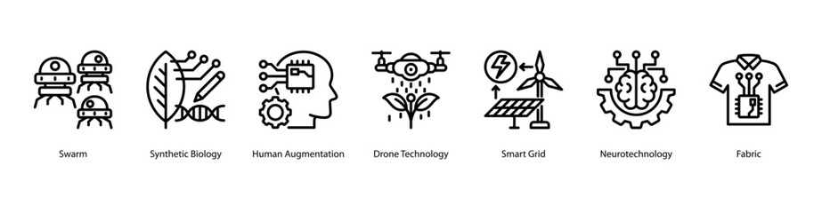 Synthetic Life and Bioengineering web banner icon vector illustration featuring Swarm, Synthetic Biology, Human Augmentation, Drone Technology, Smart Grid, Neurotechnology, and Fabric.