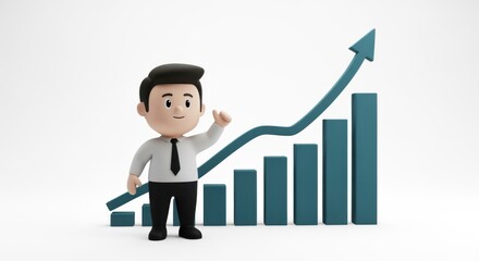 3D character in business attire presenting a rising graph, symbolizing growth and success in a minimalistic setting