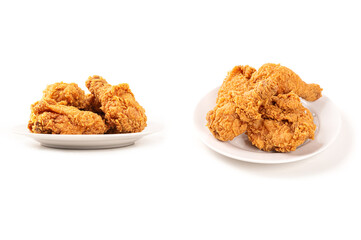 Fried chicken on white plate on white background.