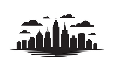 Fototapeta premium Striking Silhouette of a Modern Cityscape with Clouds Floating Above a Water Body Reflecting the Buildings' Shapes and Forms