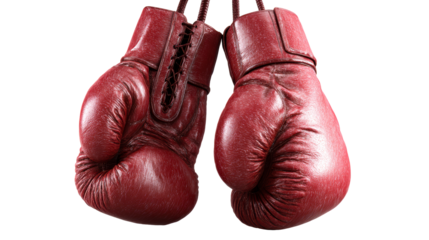 Pair of red boxing gloves hanging with laces and braided cord