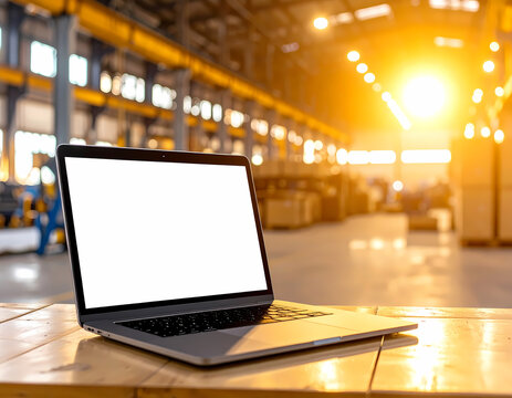 Laptop blank screen in factory warehouse for industrial applications
