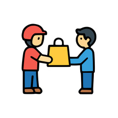 Illustration of delivery man in red uniform passing package to male customer in blue outfit, online shopping home delivery concept
