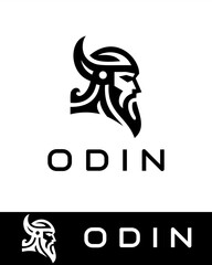 Black minimalist logo of a Odin head in profile with horned helmet and flowing beard