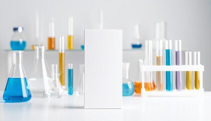 Mockup of a white cardboard box in a laboratory setting, with various beakers and test tubes filled with colorful liquids on a white surface, ideal for pharmaceutical or cosmetic product presentation.
