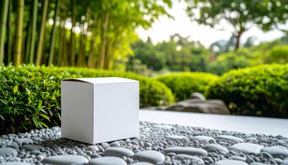 Clean white box mockup on grey pebbles, beautifully placed on a natural, serene landscape, perfect for presenting your brand's aesthetic and values for a high impact impression.