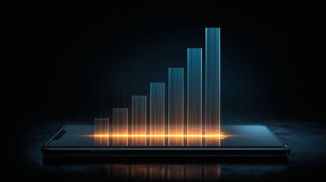 A simple bar chart hologram projects from a smartphone, with bars progressively getting taller and the final one highlighted, visualizing measurable growth and performance.