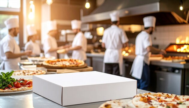 Professional chefs preparing pizza in a restaurant kitchen with a blank pizza box for branding opportunities, offering customizable takeaway options. - Powered by Adobe