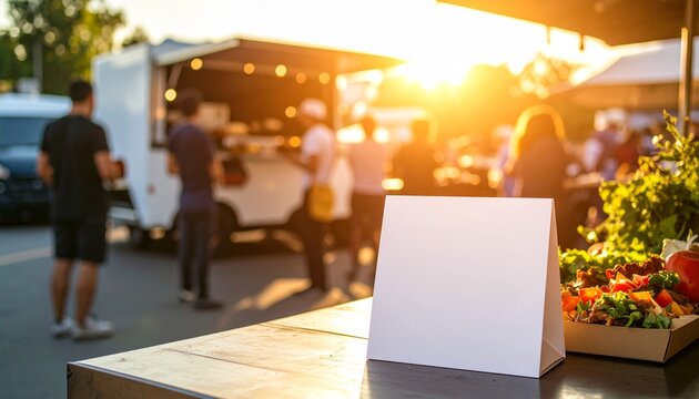 Blank white sign in front of a vibrant food truck scene during sunset, providing space for customization for menus, advertisements, or special event promotions.