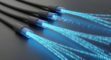 Fiber Optic Cables Transmitting Data with Binary Code Stream | High-Speed Internet Connectivity for Technology, Network Security and Telecommunications