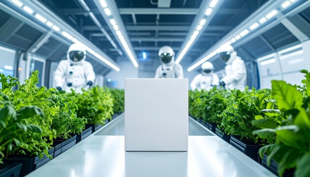 In a futuristic setting, scientists wearing space suits work in a controlled lab with plants; a blank white box can be used for design and branding purposes.