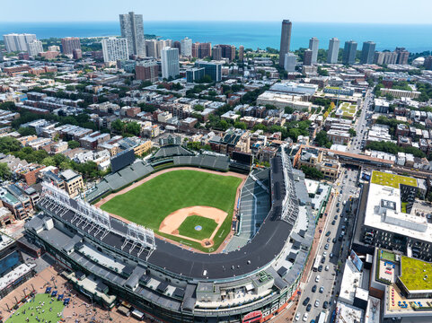 Aerial View of Wrigley Field Chicago with Ryan Sandberg Number 23 Retired Jersey Near Lake Michigan&rdquo;