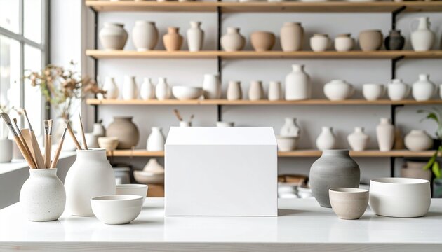 Minimalist pottery studio setup featuring a blank white box in the foreground with crafted vases and art supplies arranged on a white table against shelves with pottery.